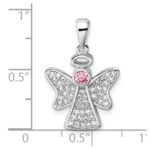 Sterling Silver Rhodium-plated Pink and Clear CZ Angel Pendant - Image 4