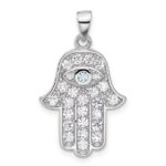Sterling Silver Rhodium-plated Blue and White CZ Hamsa Eye Pendant