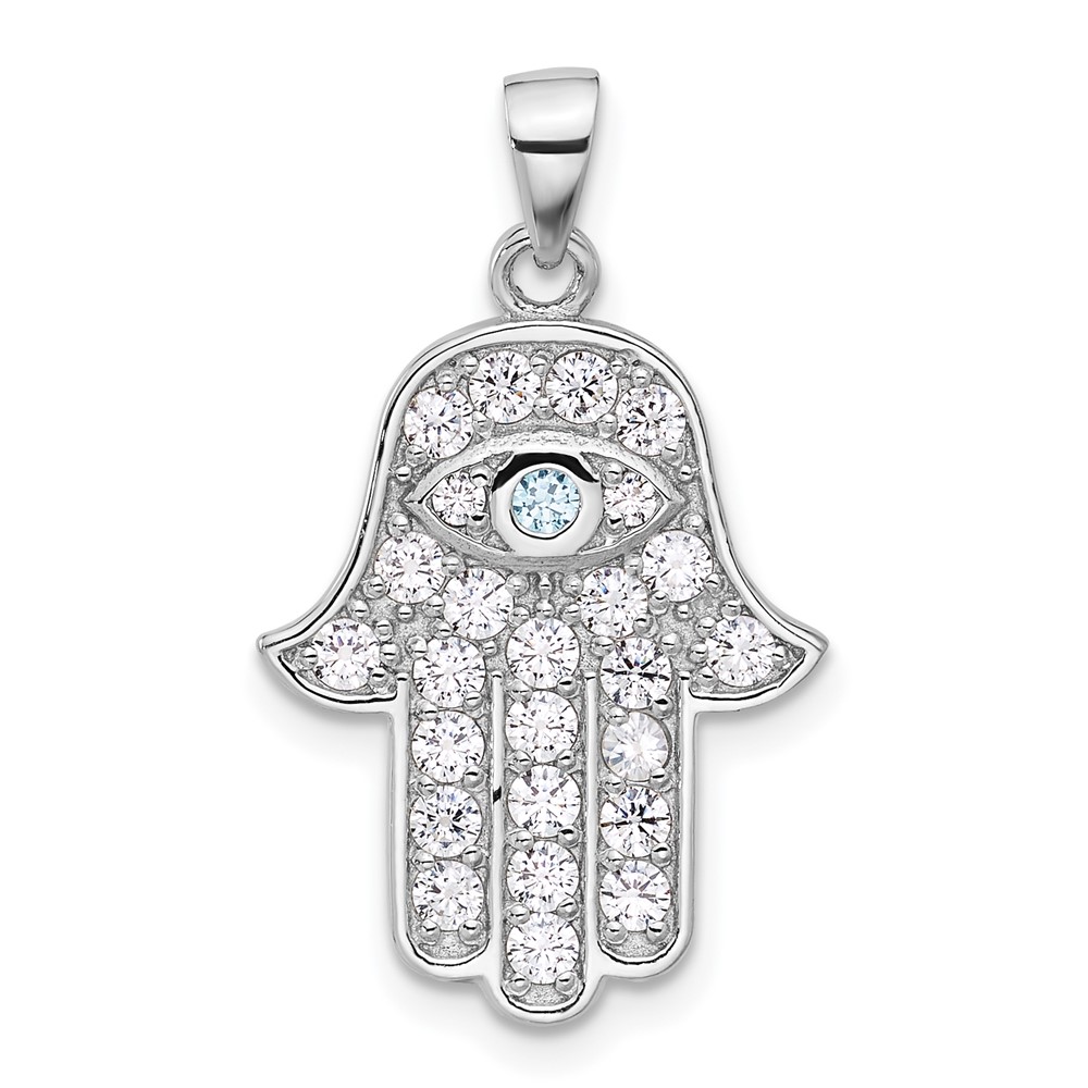 QC11484.jpg Sterling Silver Rhodium-plated Blue and White CZ Hamsa Eye Pendant - Image 1