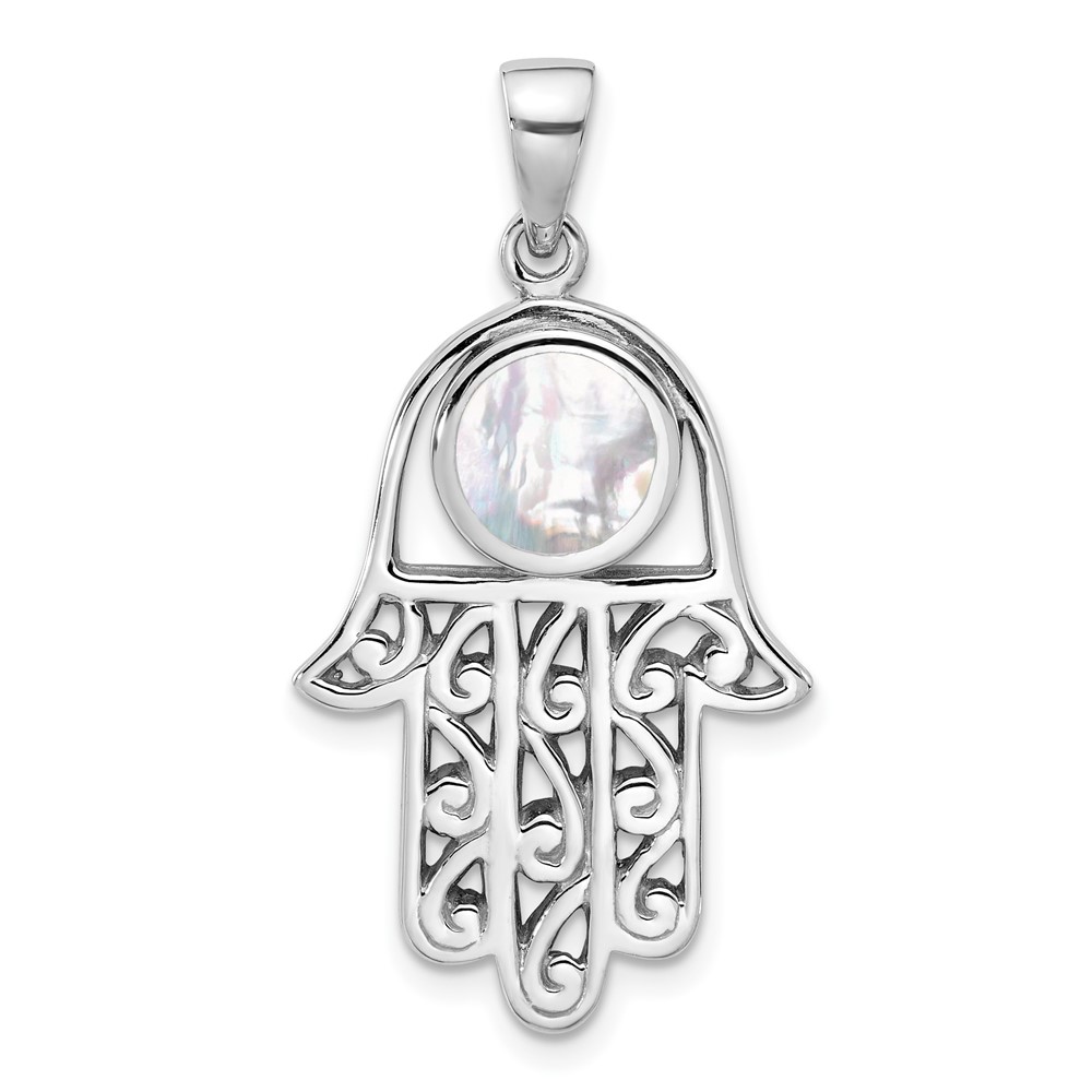 QC11486.jpg Sterling Silver Rhodium-Plated Polished Mother of Pearl Hamsa Pendant - Image 1