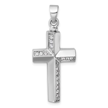 Sterling Silver Rhodium-plated Polished CZ Latin Cross Ash Holder Pendant