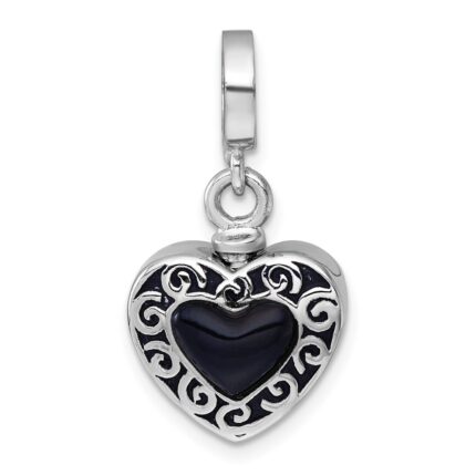 Sterling Silver Rhodium-plated Onyx Enameled Heart Ash Holder Bead/Pendant