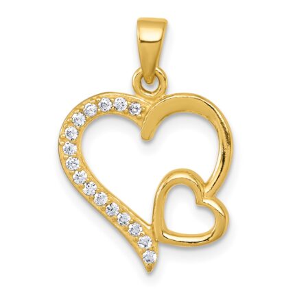 Sterling Silver Gold-tone Polished CZ Large Heart with Small Heart Pendant