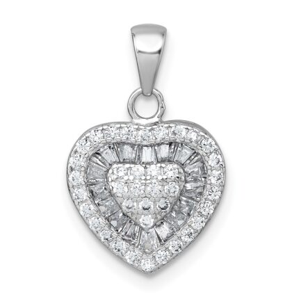 Sterling Silver Rhodium-plated White CZ Heart Pendant