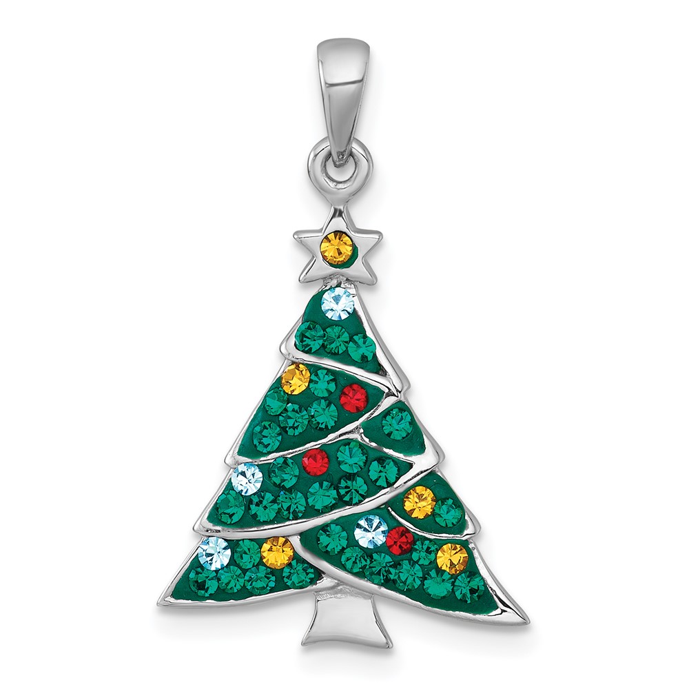 QC11557.jpg Sterling Silver Rhodium-plated Polished Green/Yellow/Red/Blue Crystal Christmas Tree Charm - Image 1
