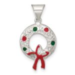 Sterling Silver Polished and Textured Enameled Wreath Charm