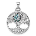 Sterling Silver Rhodium-plated Polished CZ and Compressed Turquoise Cabochon Tree of Life Pendant - Image 3