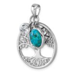 Sterling Silver Rhodium-plated Polished CZ and Compressed Turquoise Cabochon Tree of Life Pendant - Image 4