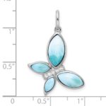 Sterling Silver Rhodium-plated Polished Larimar and CZ Butterfly Pendant - Image 4