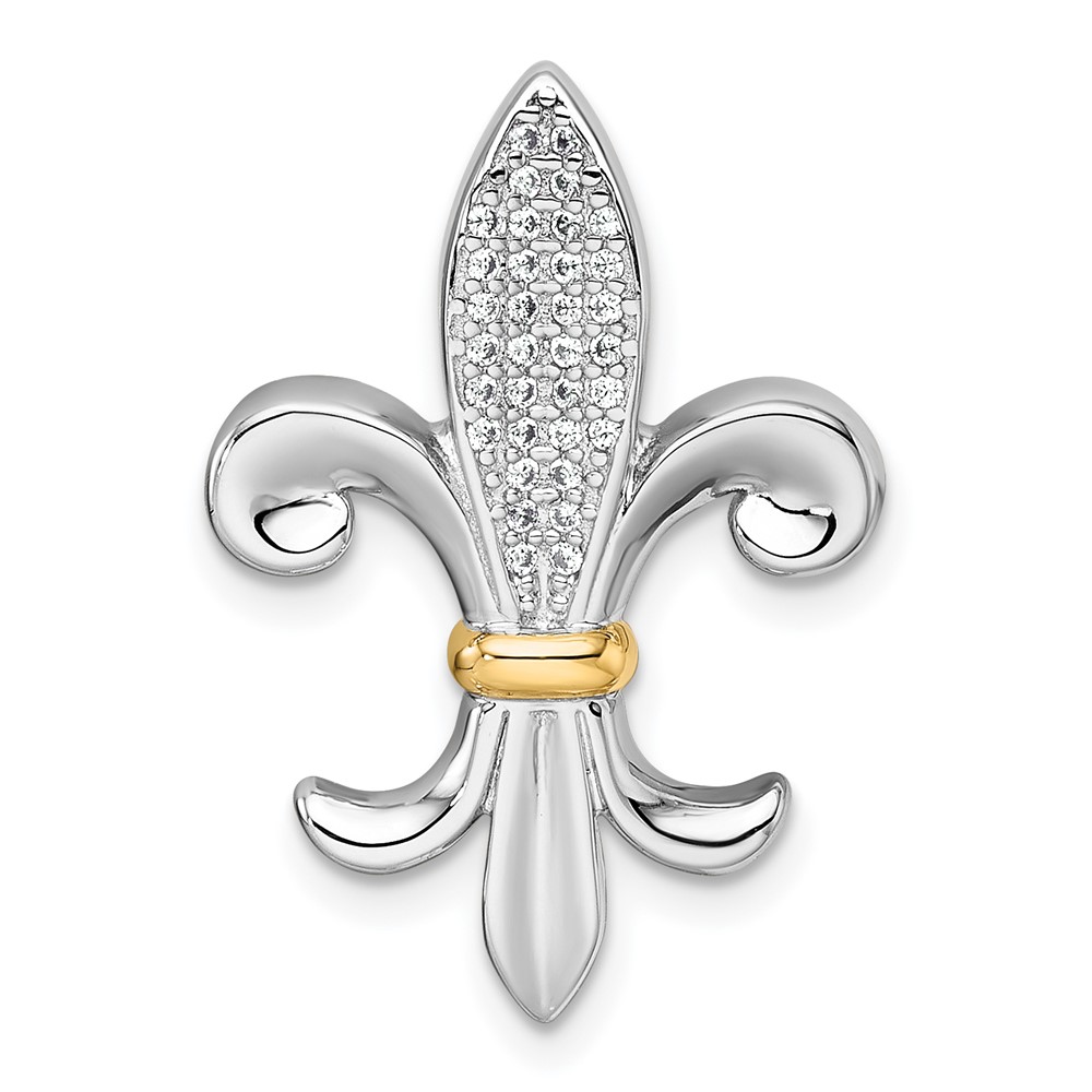 QC11579.jpg Sterling Silver Rhodium-plated with 14k Accent Polished CZ Fleur De Lis Chain Slide Pendant - Image 1