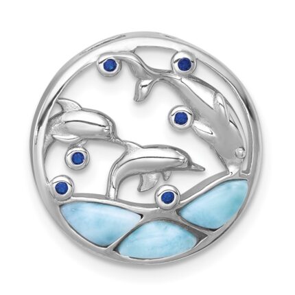 Sterling Silver Rhodium-plated Polished Larimar and Blue CZ Dolphins Chain Slide Pendant