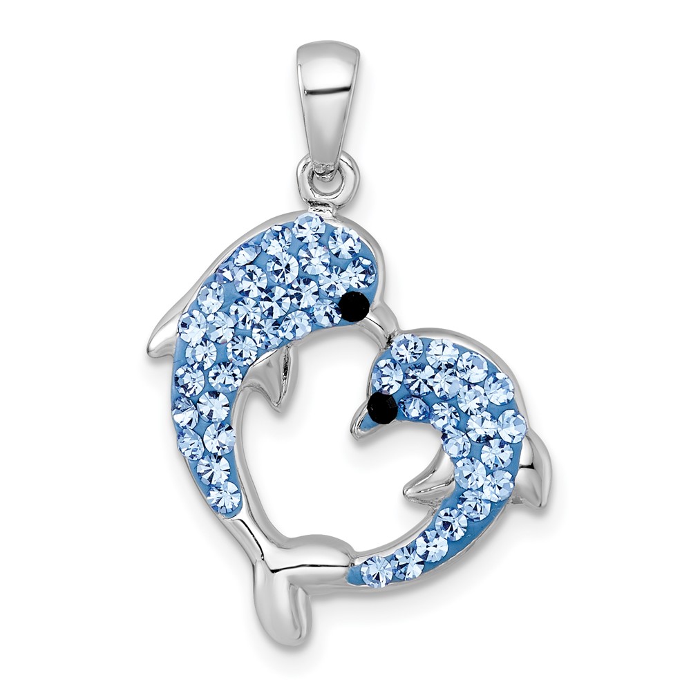 QC11588.jpg Sterling Silver Rhodium-plated Polished Blue and Black Crystal Dolphins Heart Shape Pendant - Image 1
