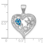 Sterling Silver Rhodium-plated Polished and Textured Blue Lab Created Opal and CZ Sealife Heart Pendant - Image 4