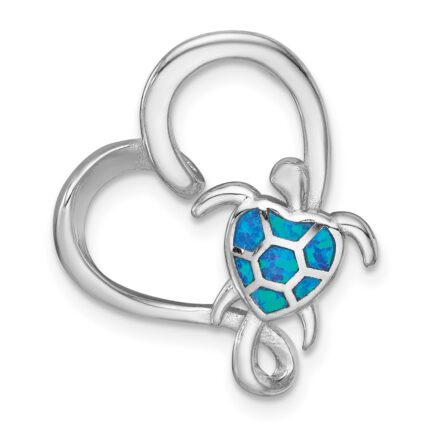 Sterling Silver Rhodium-plated Polished Blue Lab Created Opal Turtle Open Heart Chain Slide Pendant