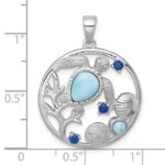 Sterling Silver Rhodium-plated Polished and Textured Larimar and Blue CZ Sealife Pendant - Image 4