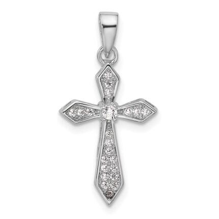Sterling Silver Rhodium-plated CZ Polished Pointed Cross Pendant