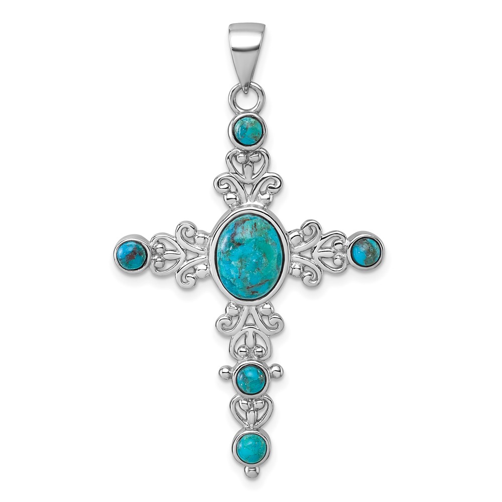 QC11615.jpg Sterling Silver Rhodium-plated Polished Compressed Turquoise Cabochons Fancy Cross Pendant - Image 1