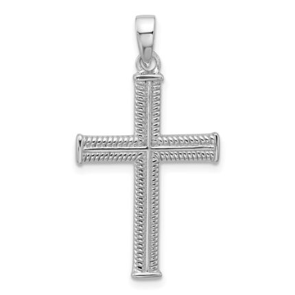 Sterling Silver Rhodium-plated Textured and Polished Cross Pendant
