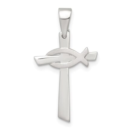 Sterling Silver Polished Cross with Brushed Ichthus Fish Pendant