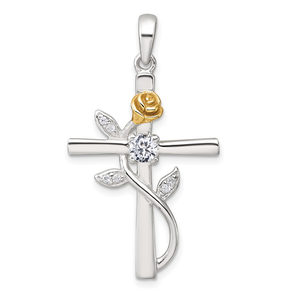 QC11630.jpg Sterling Silver E-Coat Polished Cross with CZ and Gold-tone Rose Pendant - Image 1