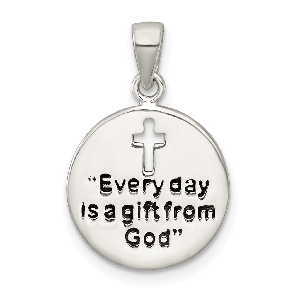 QC11658.jpg Sterling Silver Polished Black Enamel EVERY DAY IS A GIFT FROM GOD Cut Out Cross Disc Pendant - Image 1