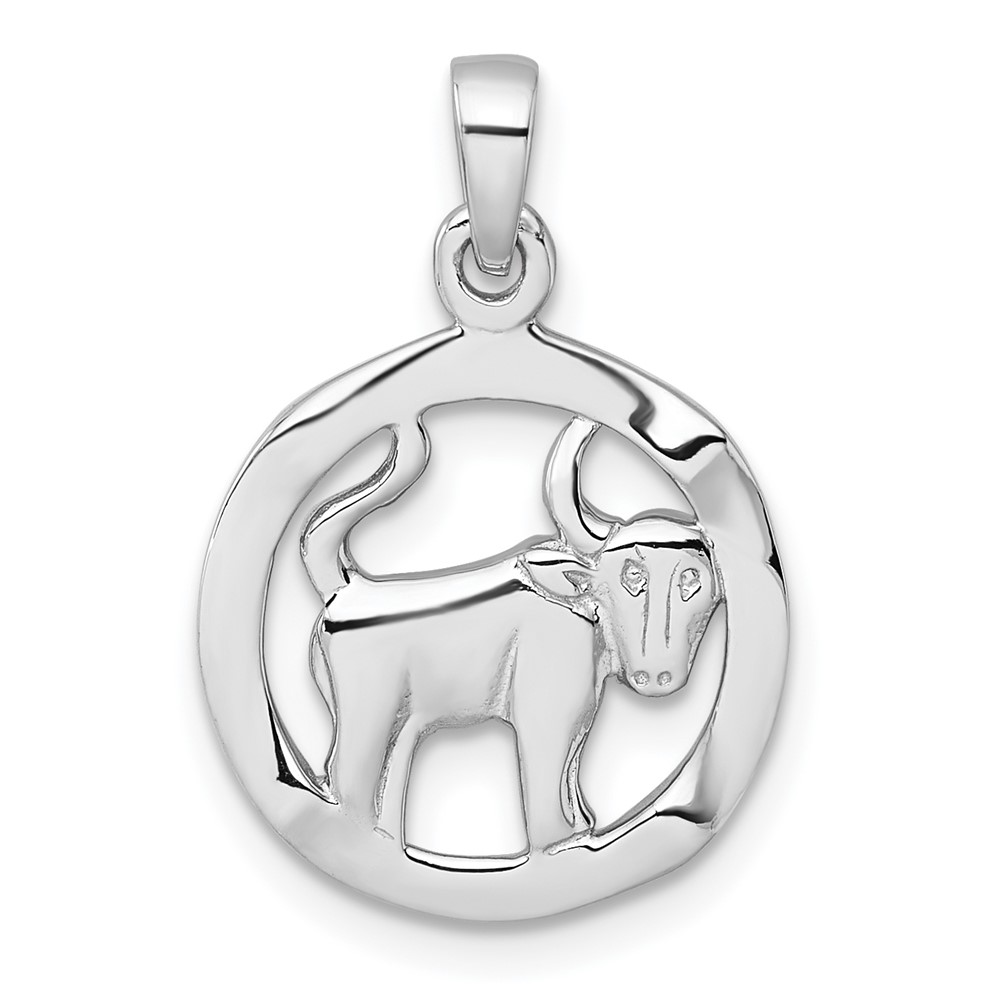 QC11661.jpg Sterling Silver Rhodium-plated Polished Reversible Taurus Bull in Circle Zodiac Pendant - Image 1