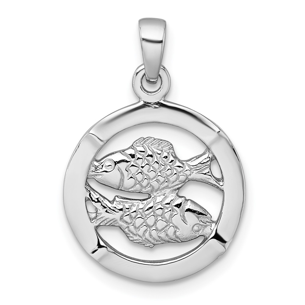 QC11671.jpg Sterling Silver Rhodium-plated Polished Reversible Pisces Fish in Circle Zodiac Pendant - Image 1