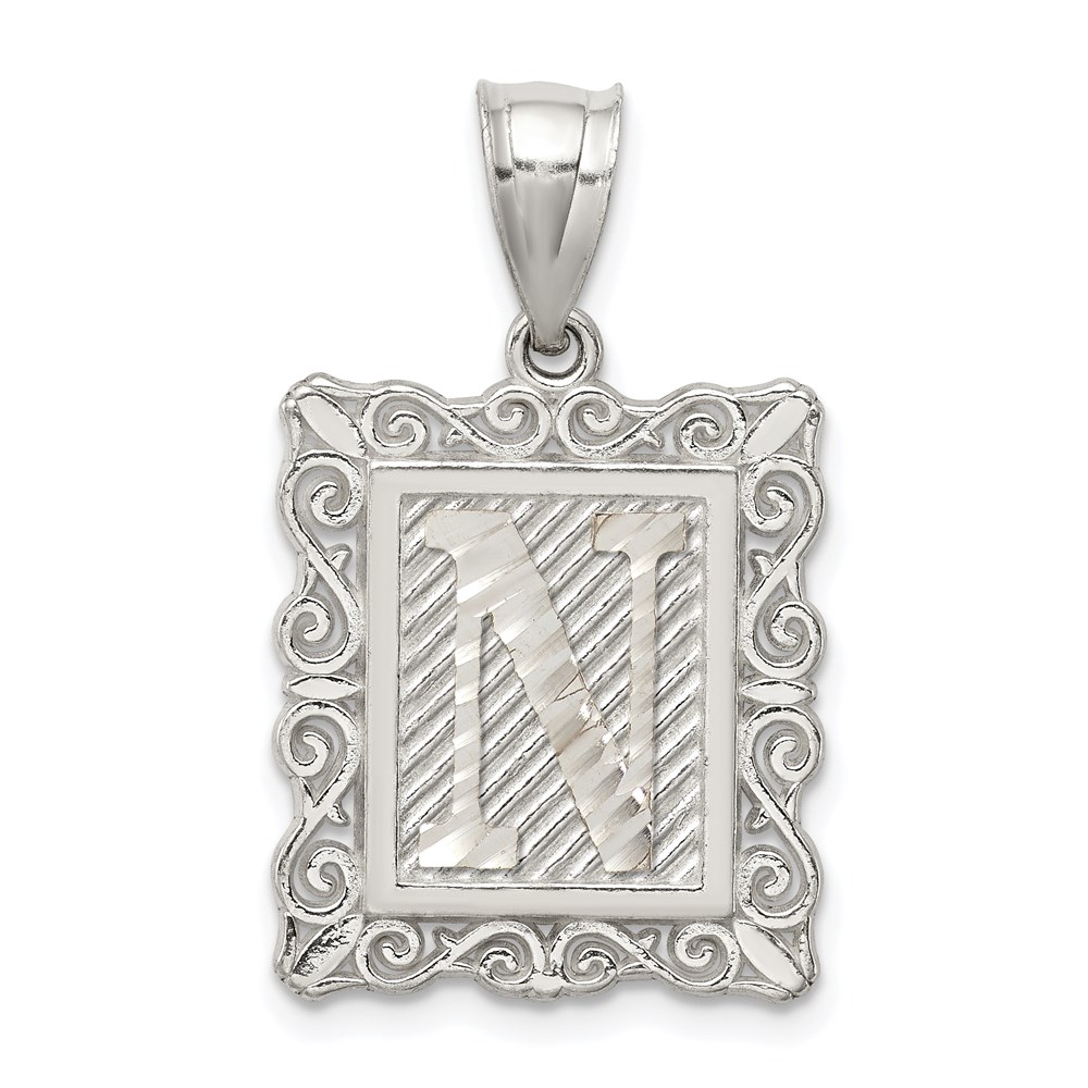 QC2770N.jpg Sterling Silver Square Diamond-cut Letter N Initial Pendant - Image 1