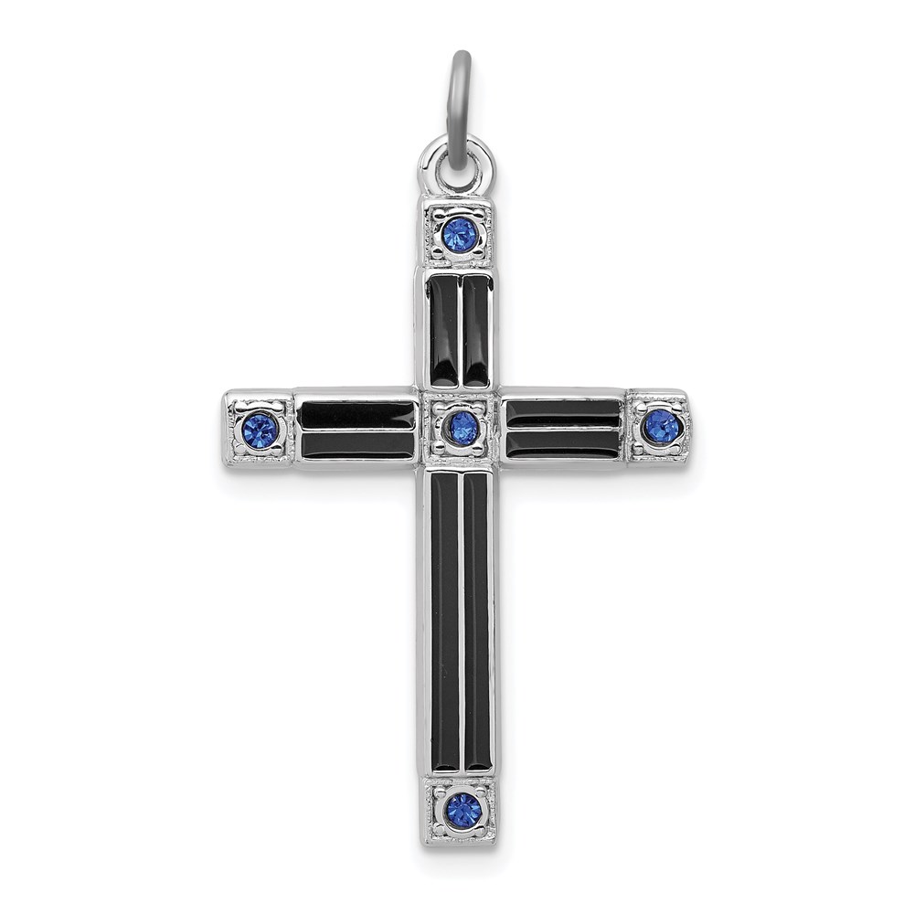 QC3262.jpg Sterling Silver Platinum-plated Enameled & Blue CZ Cross Pendant - Image 1