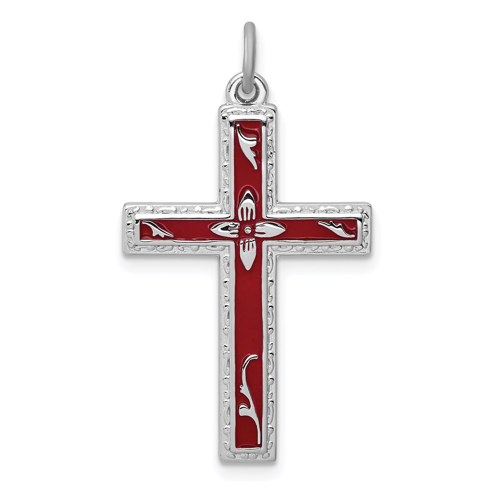 QC3263.jpg Sterling Silver Platinum-plated Red Enameled Cross Pendant - Image 1