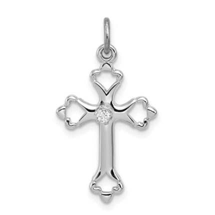 Sterling Silver Platinum-plated Budded Cross w/CZ Charm