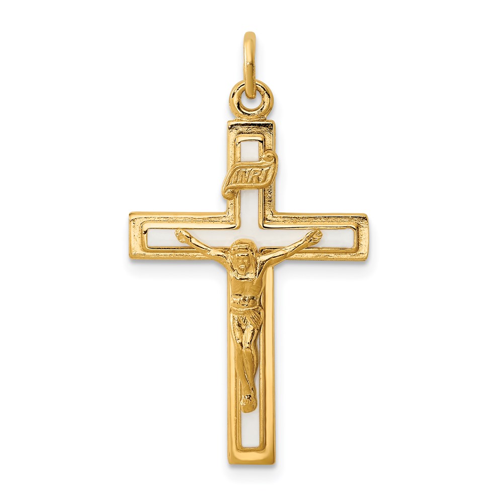 QC3390.jpg Sterling Silver Enamel w/Yellow Vermeil INRI Crucifix Charm - Image 1
