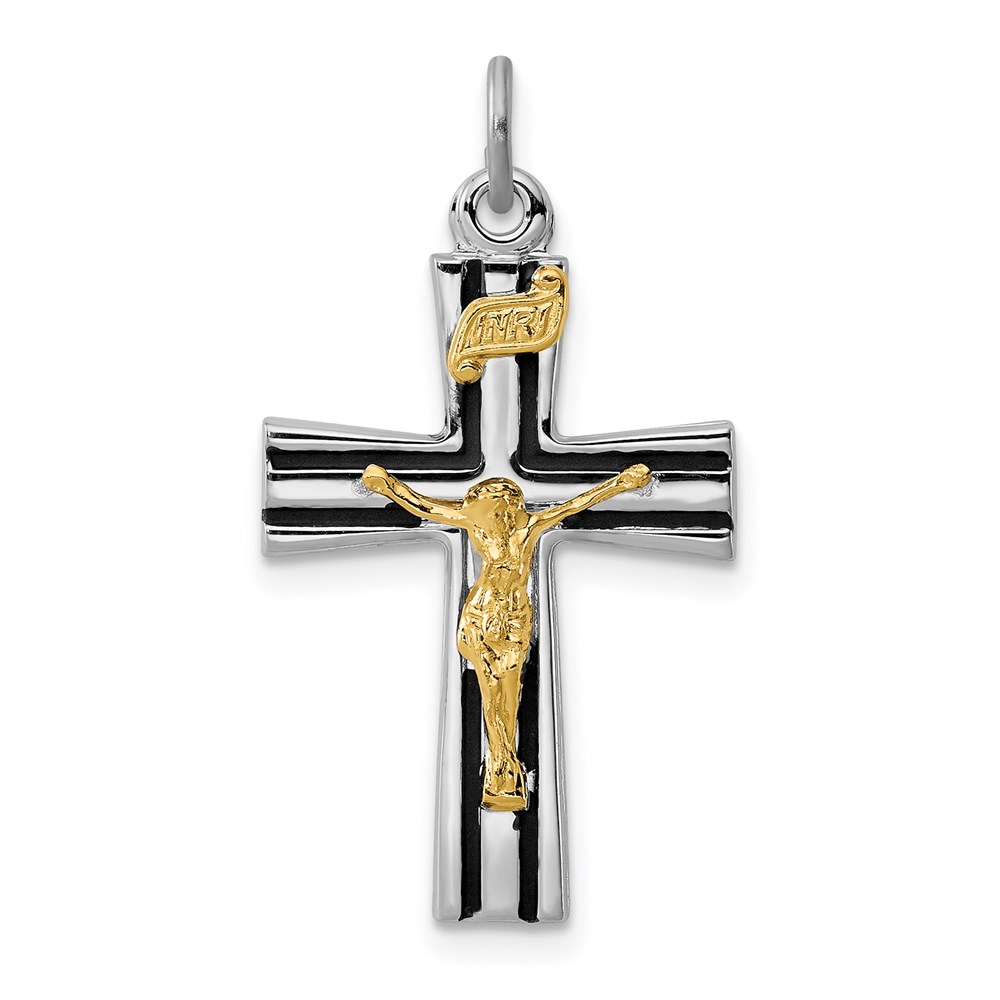QC3394.jpg Sterling Silver Platinum-plated Gold-tone INRI Crucifix Charm - Image 1