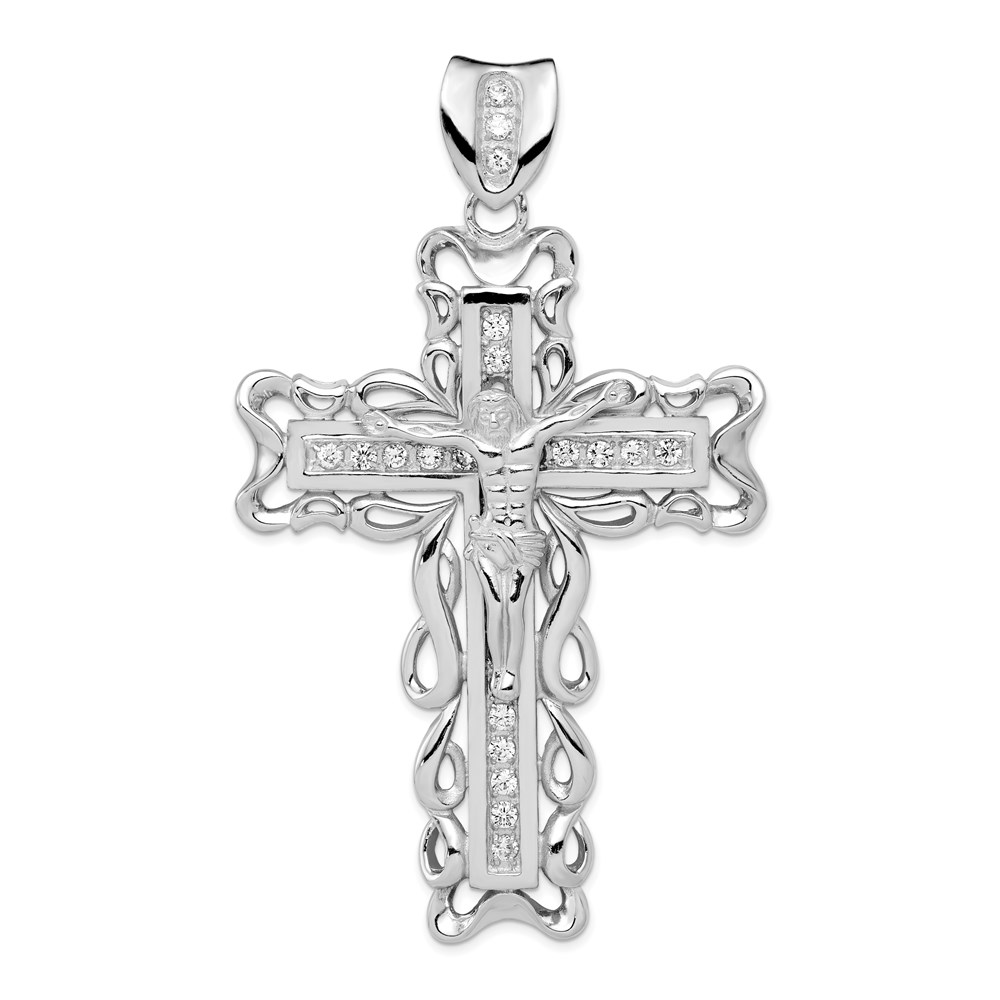 QC3406.jpg Sterling Silver Rhodium-plated CZ Crucifix Pendant - Image 1