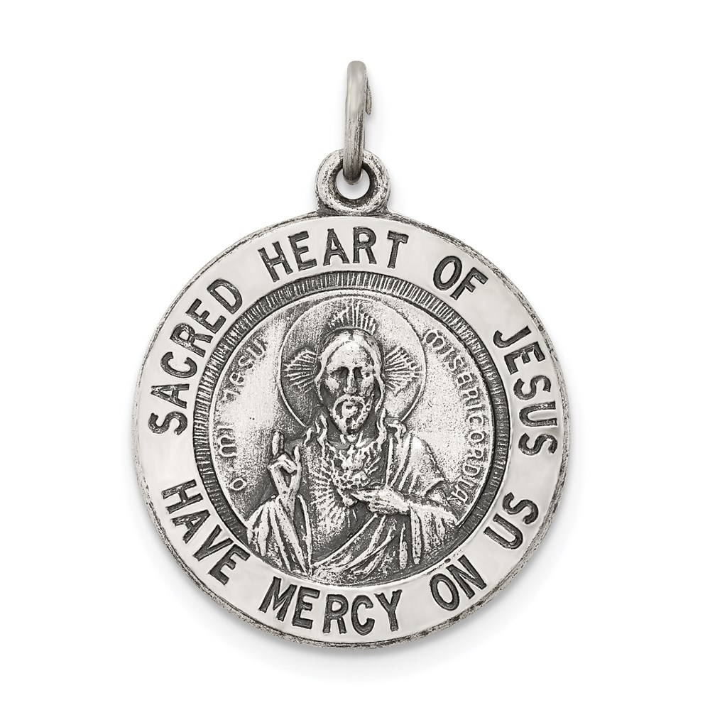 QC3459.jpg Sterling Silver Antiqued Sacred Heart of Jesus Medal - Image 1
