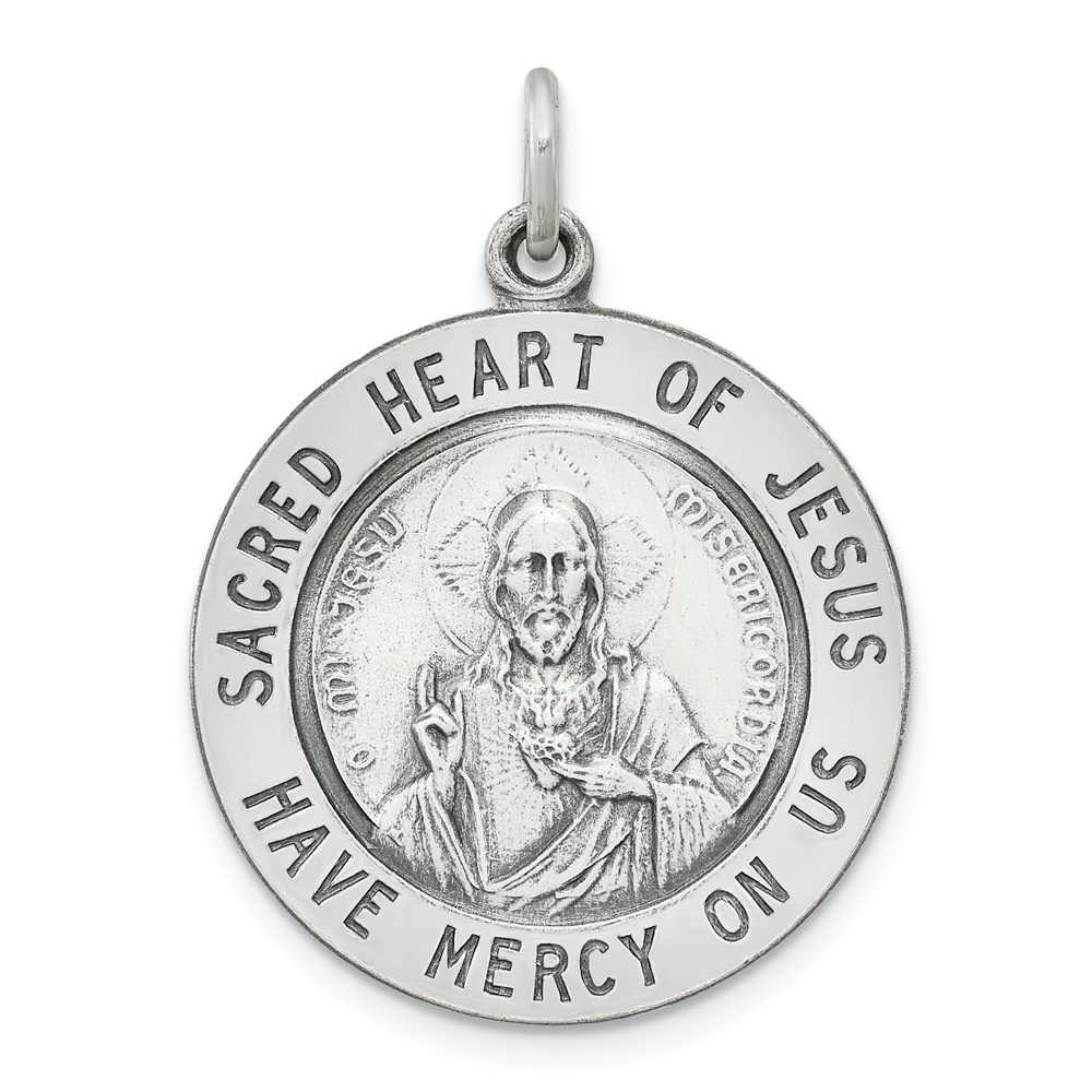 QC3460.jpg Sterling Silver Antiqued Sacred Heart of Jesus Medal - Image 1