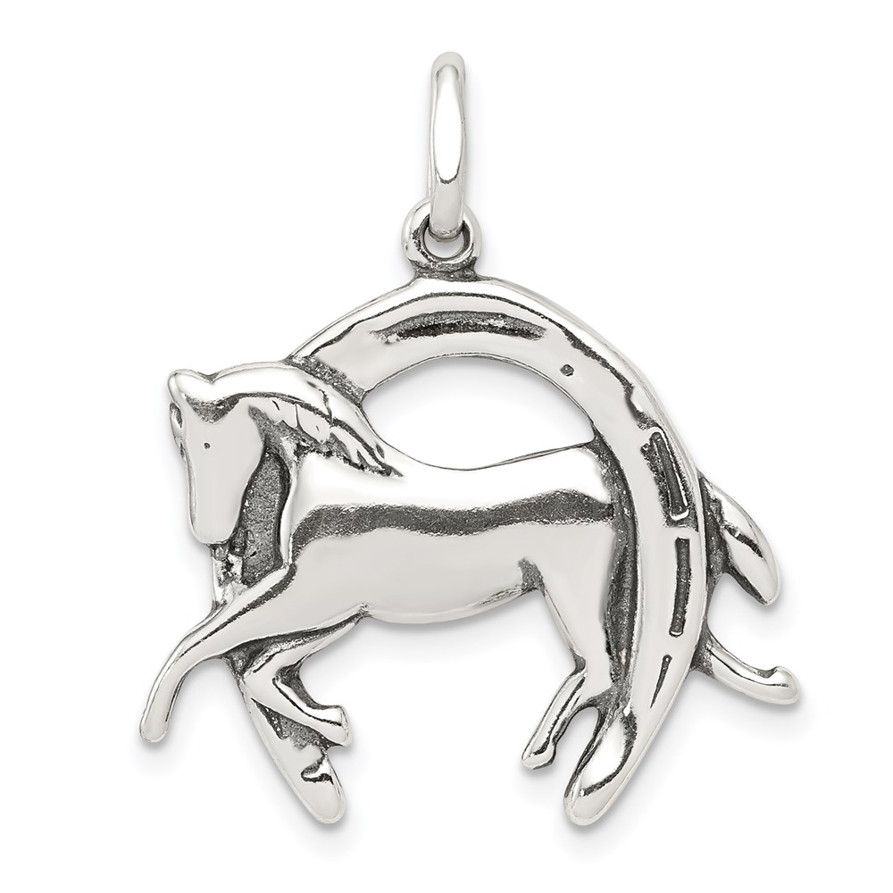 QC3839.jpg Sterling Silver Antiqued Horse in Horseshoe Charm - Image 1