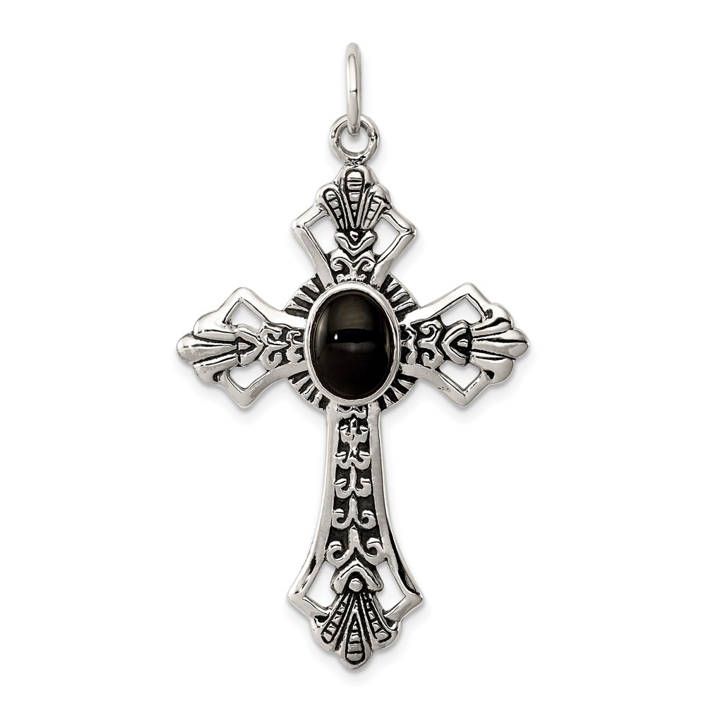 QC410.jpg Sterling Silver Onyx Antiqued Cross Pendant - Image 1