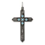 Sterling Silver Antiqued March Glass Birthstone Cross Pendant