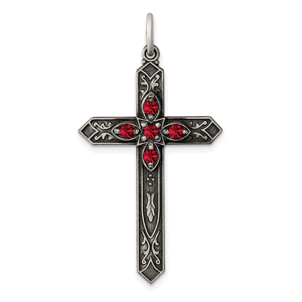 QC4334.jpg Sterling Silver Red Glass July Birthstone Antiqued Cross Pendant - Image 1