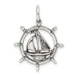 Sterling Silver Antiqued Sailboat in Wheel Charm - Image 3