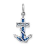 Sterling Silver Rhodium-plated Preciosa Crystals and Blue Enamel Anchor Charm