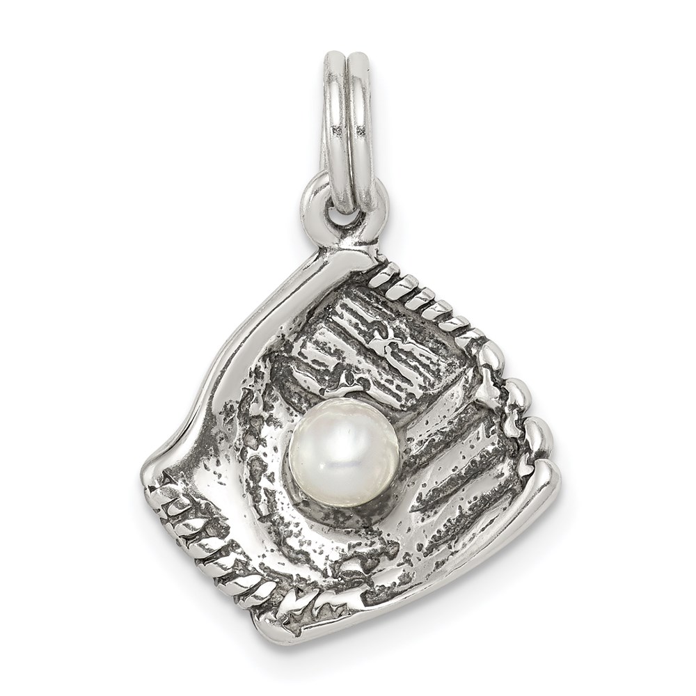 QC5140.jpg Sterling Silver Antiqued Baseball Glove w/Simulated Pearl Charm - Image 1