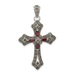 Sterling Silver Antiqued Red Marquise CZ Marcasite Cross Pendant