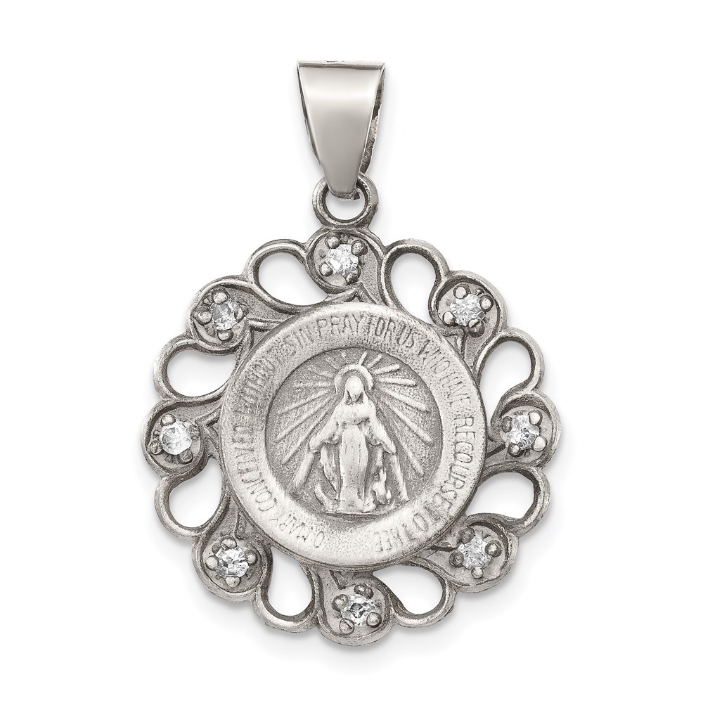QC5592.jpg Sterling Silver & CZ Antiqued Blessed Mother Pendant - Image 1