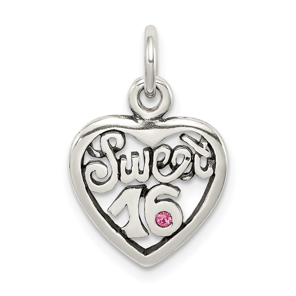 QC6016.jpg Sterling Silver Antiqued Sweet 16 Heart Charm - Image 1