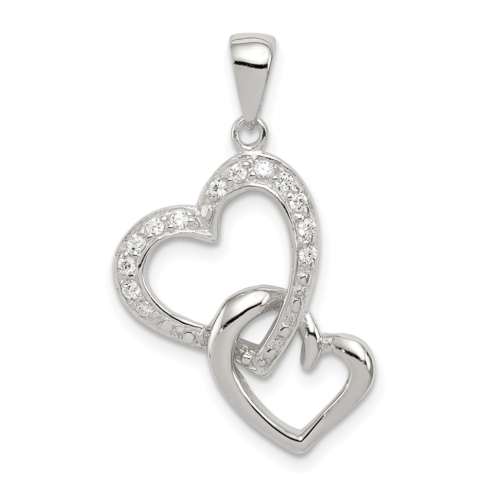 QC6198.jpg Sterling Silver Rhodium-plated Polished Heart and CZ Double Heart Interconnected Pendant - Image 1