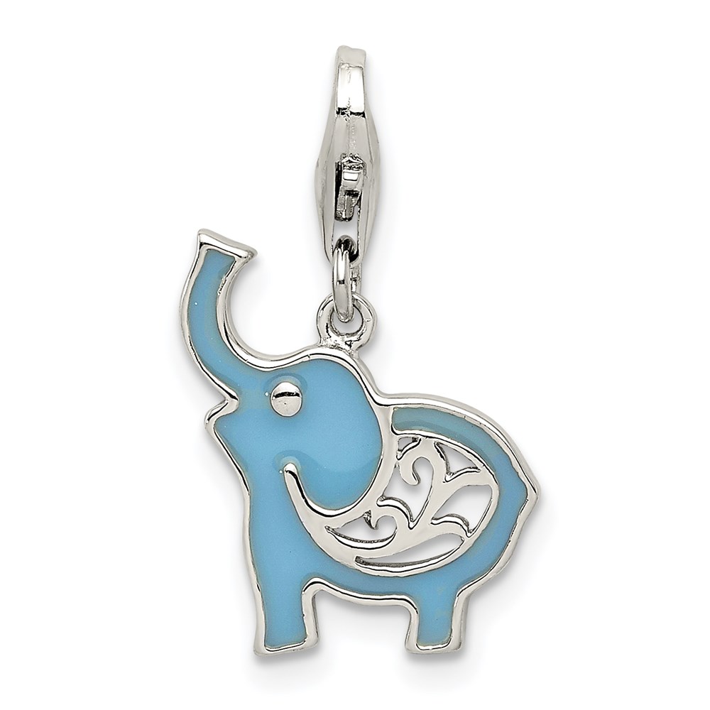 QC6225.jpg Sterling Silver Rhodium-plated Blue Enameled Elephant Charm - Image 1