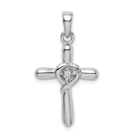 Sterling Silver Rhodium-plated White CZ Heart Cross Pendant