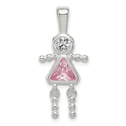 Sterling Silver Rhodium-plated CZ & October Pink CZ Girl Pendant